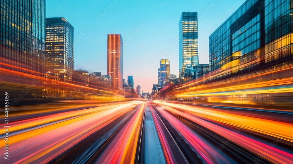 Obraz premium Blurred cityscape at dusk with warm glowing lights and dynamic urban motion