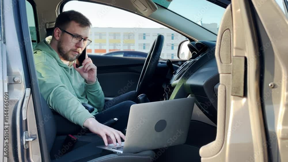 Man and Machine. Laptop in Car. Slow Motion. High Quality 4k Footage Man and Machine. Laptop in Car. Slow Motion. High Quality 4k Footage