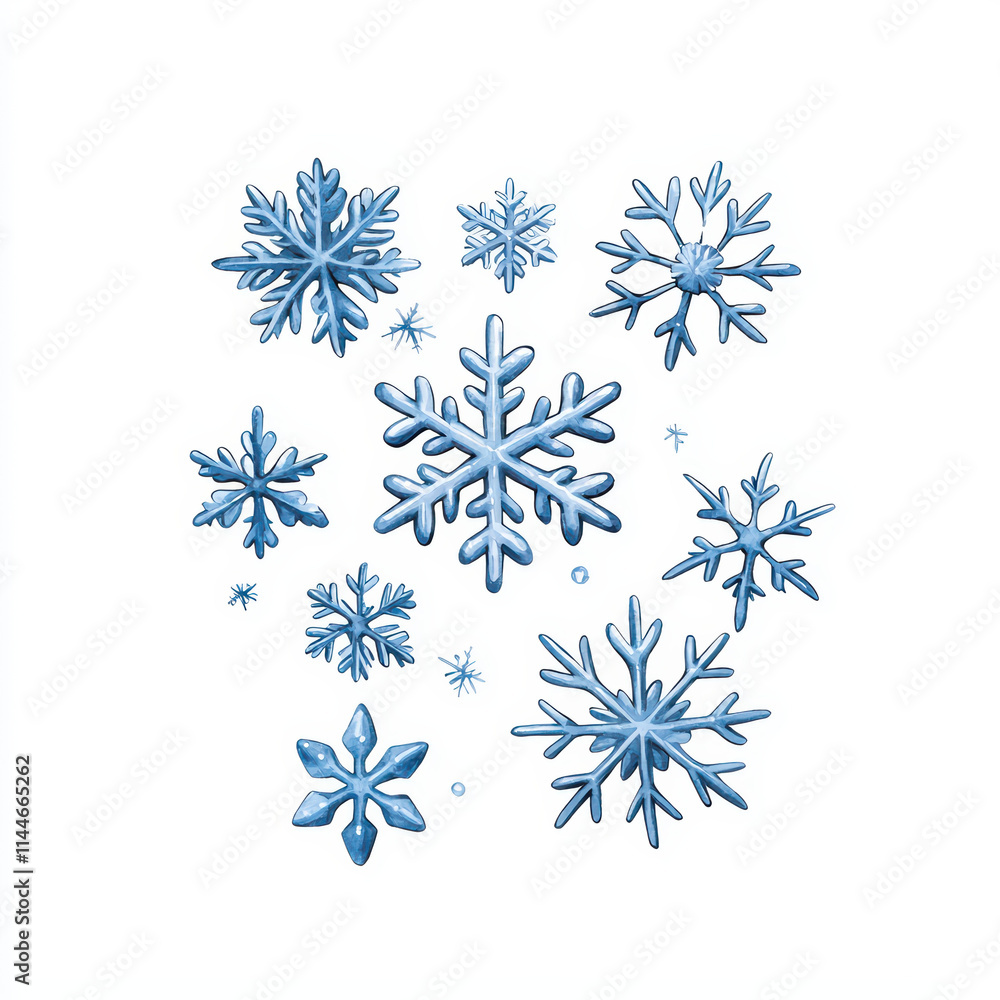 Delicate blue snowflakes in various shapes create whimsical winter scene isolated on white background.