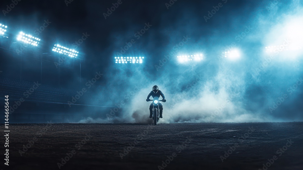 Fototapeta premium Night Motocross Event Illuminated by Bright Stadium Lights, A dramatic night shot of a motocross rider mid-action, with bright stadium lights casting dynamic shadows and highlights.