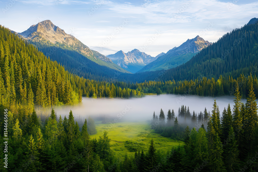 Serene mountain valley at dawn, mist envelops lush green landscape Serene mountain valley at dawn, mist envelops lush green landscape