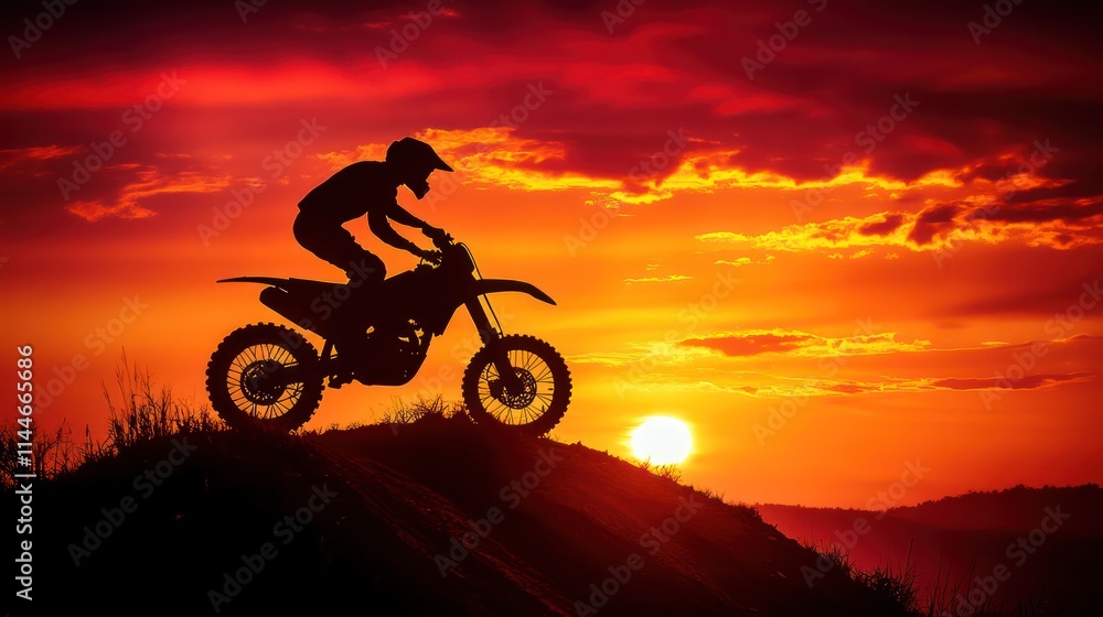 Silhouette of a Motocross Rider Against a Fiery Sunset on a Mountain Trail, A stunning silhouette of a motocross rider riding along a mountain ridge, with a fiery sunset lighting up the sky. Silhouette of a Motocross Rider Against a Fiery Sunset on a Mountain Trail, A stunning silhouette of a motocross rider riding along a mountain ridge, with a fiery sunset lighting up the sky.