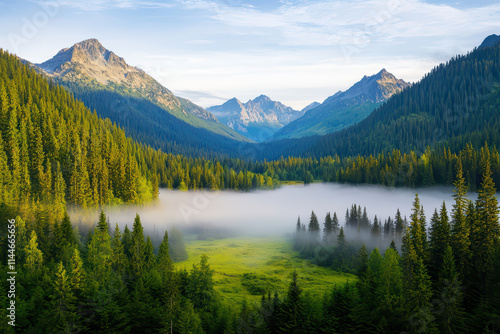 Serene mountain valley at dawn, mist envelops lush green landscape