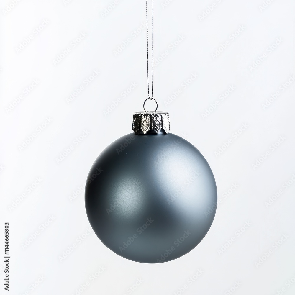 Gray Christmas ornament hangs on a thread, against an isolated white background Gray Christmas ornament hangs on a thread, against an isolated white background