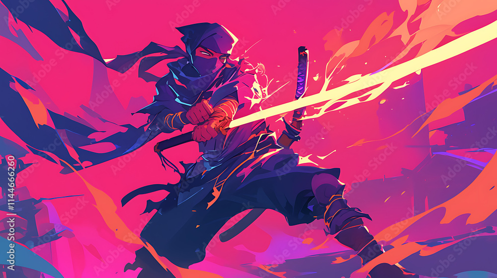 A dynamic ninja character wielding a glowing sword in a vibrant, abstract background. A dynamic ninja character wielding a glowing sword in a vibrant, abstract background.