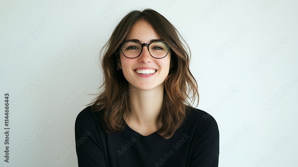 Smiling woman with glasses portrait photo against plain wall.. AI Generated Smiling woman with glasses portrait photo against plain wall.. AI Generated