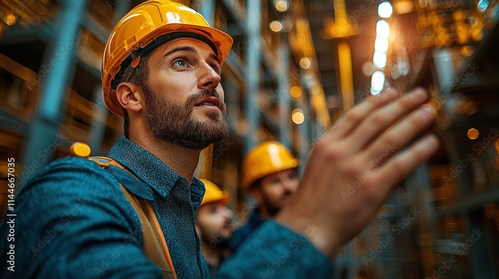 Worker inspecting warehouse shelves with colleagues nearby. Worker inspecting warehouse shelves with colleagues nearby.