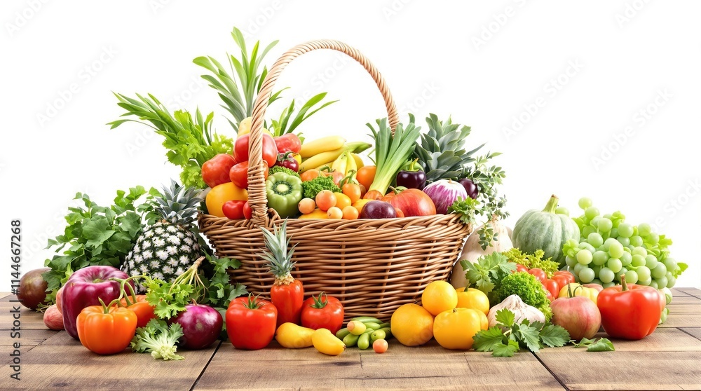 Fresh organic produce basket on a wooden table , healthy eating, seasonal produce, farmers market, fresh vegetables, natural produce Fresh organic produce basket on a wooden table , healthy eating, seasonal produce, farmers market, fresh vegetables, natural produce