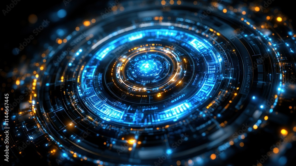 Obraz premium Futuristic digital interface with glowing circular patterns.