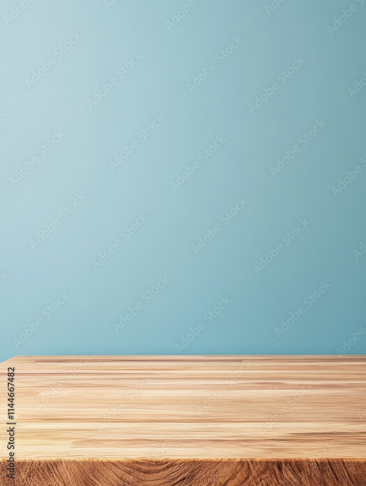 Photorealistic image of a butcher block countertop against a soft blue background Photorealistic image of a butcher block countertop against a soft blue background