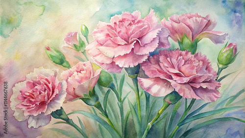 Watercolor carnation bouquet background featuring hand-painted pink flowers and lush greenery