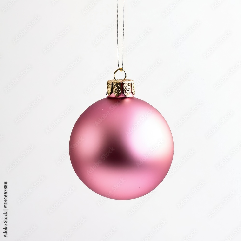 Pink Christmas ornament hangs on a thread, against an isolated white background Pink Christmas ornament hangs on a thread, against an isolated white background