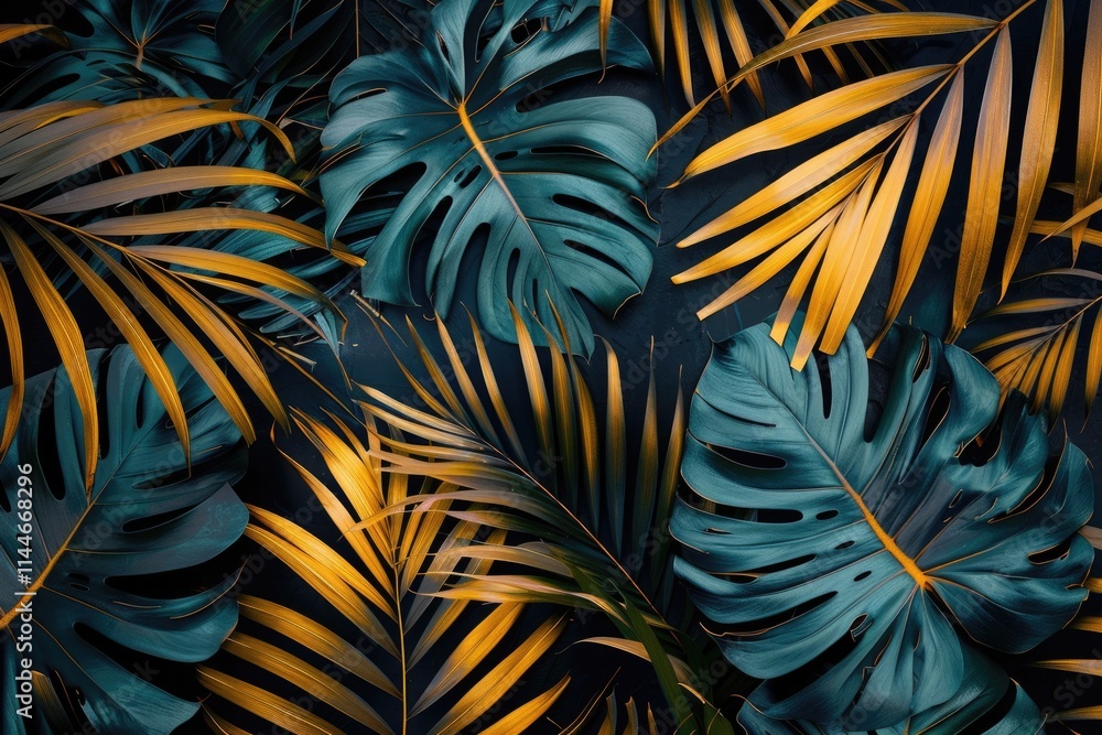 Gold and green tropical palm leaves on black background. Gold and green tropical palm leaves on black background.