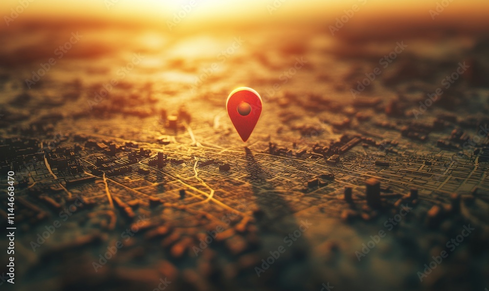Red Location Pin on Detailed City Map in Warm Sunset Light Red Location Pin on Detailed City Map in Warm Sunset Light