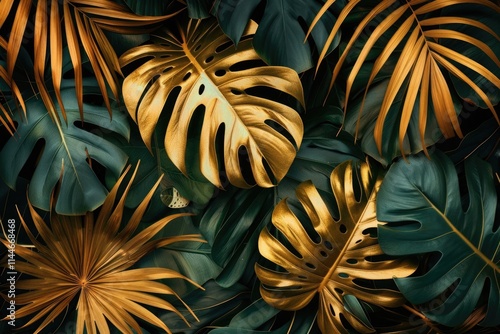 Wallpaper Mural Creative nature background with gold and green tropical leaves. Torontodigital.ca