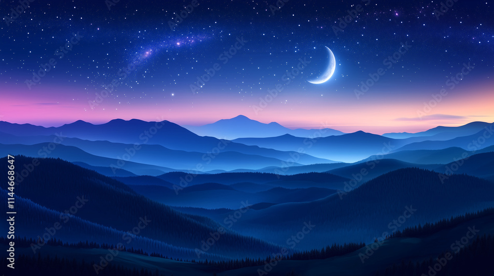 Naklejka premium Serene mountain nights starry skies over majestic peaks nature landscape tranquil environment wide-angle view