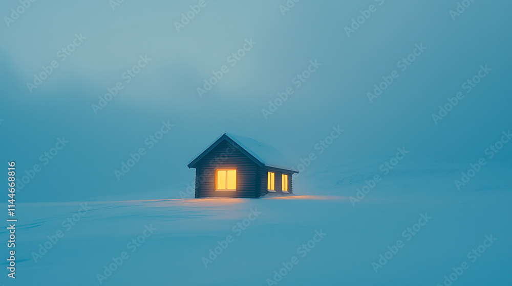 Solitary cabin in a serene snowy landscape at dusk atmospheric photography winter wonderland tranquil setting scenic view nature's beauty Solitary cabin in a serene snowy landscape at dusk atmospheric photography winter wonderland tranquil setting scenic view nature's beauty