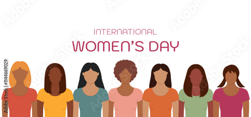 Horizontal banner for International Women's Day. It features a crowd of modern women of various nationalities and religions. Vector illustration.