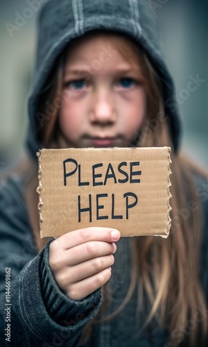 Wallpaper Mural A young girl in a hooded jacket holds a cardboard sign that reads "PLEASE HELP," her solemn face highlighting the vulnerability of children in poverty. Torontodigital.ca
