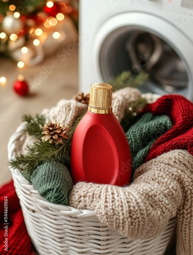 Christmas laundry with detergent and cozy sweaters photo