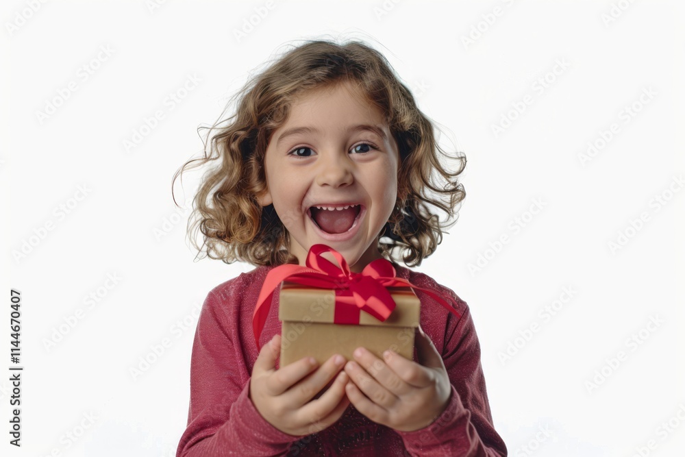 Cheerful Young Child with Curly Hair Excitedly Holding a Small Gift Box with Red Ribbon Against a White Background, Perfect for Celebrations and Holidays Cheerful Young Child with Curly Hair Excitedly Holding a Small Gift Box with Red Ribbon Against a White Background, Perfect for Celebrations and Holidays