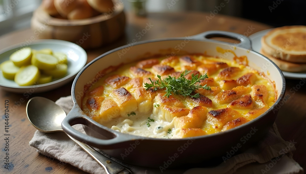 Janssons frestelse casserole with potatoes, onions, cream, and anchovies in a rustic setting Janssons frestelse casserole with potatoes, onions, cream, and anchovies in a rustic setting