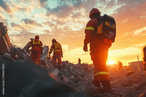 Emergency Workers Assessing Disaster Site at Sunset