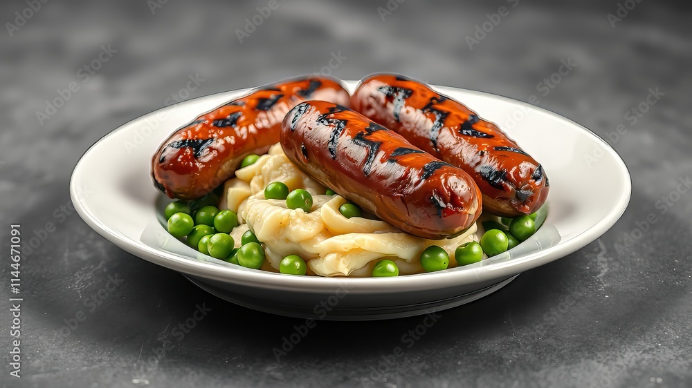 Bangers and Mash, Grilled Sausages, Mash Potato, Green Peas, BBQ Beef Sausages, British Dish, Irish Dish, Top View, Delicious Food, Plate, Grey Background Bangers and Mash, Grilled Sausages, Mash Potato, Green Peas, BBQ Beef Sausages, British Dish, Irish Dish, Top View, Delicious Food, Plate, Grey Background