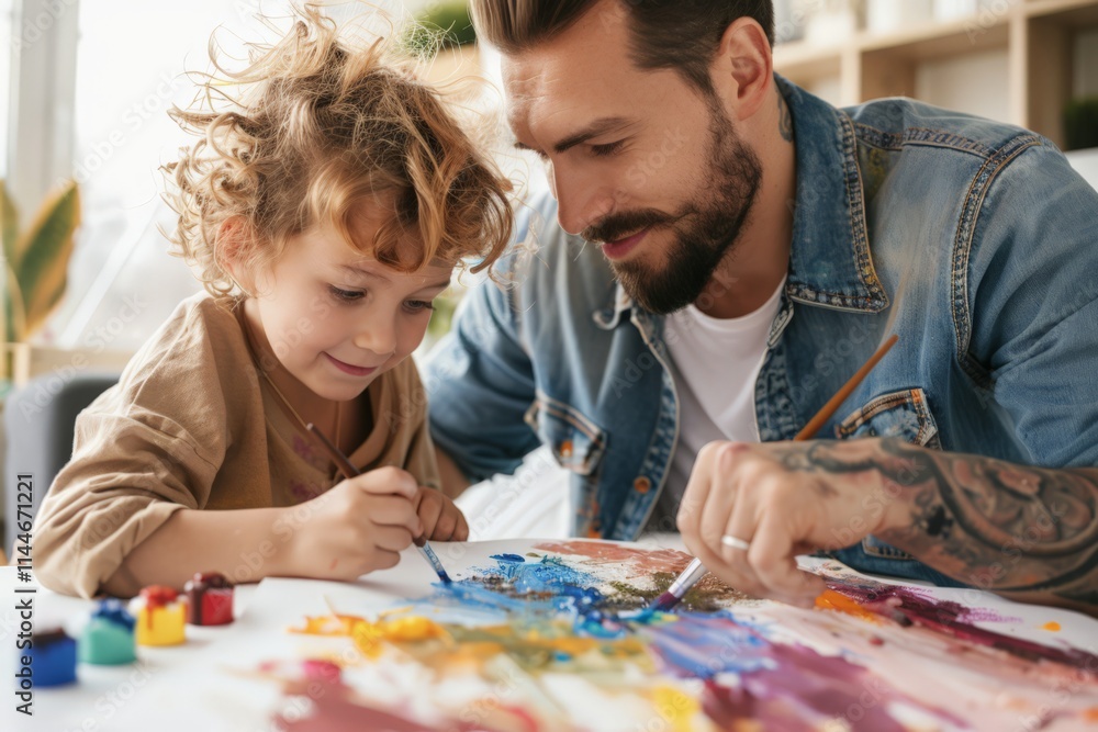 Fototapeta premium Engaging Father and Child Bonding Moment during Creative Painting Session in Bright Artistic Home Environment