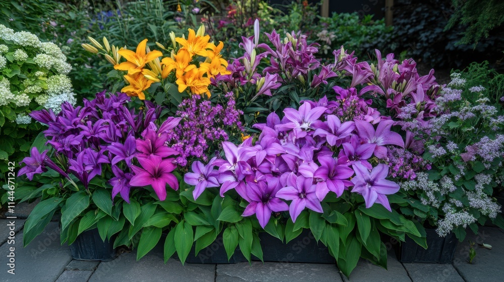 Fototapeta premium Vibrant Flowering Garden Display with Colorful Lilies and Blooms