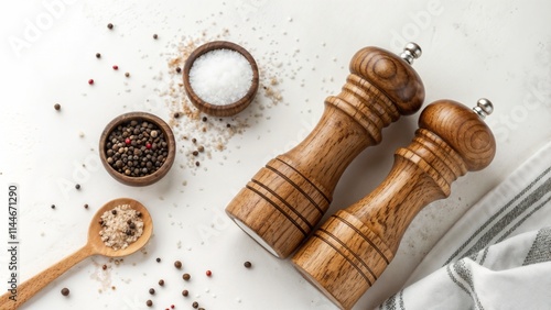 Wooden salt and pepper mills with spices and salt on kitchen countertop with