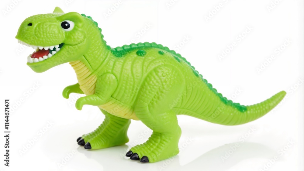 Fototapeta premium Bright green toy dinosaur figurine with a smiling face and detailed features