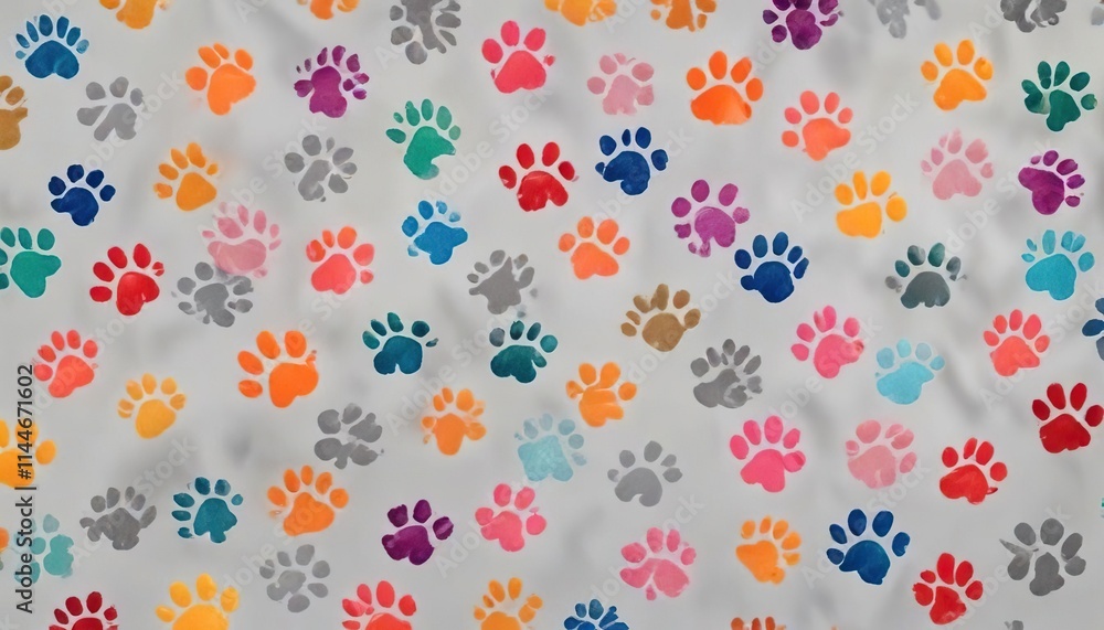 Pattern of colorful dog paw prints on a light grey background, seamless, paw prints, texture Pattern of colorful dog paw prints on a light grey background, seamless, paw prints, texture