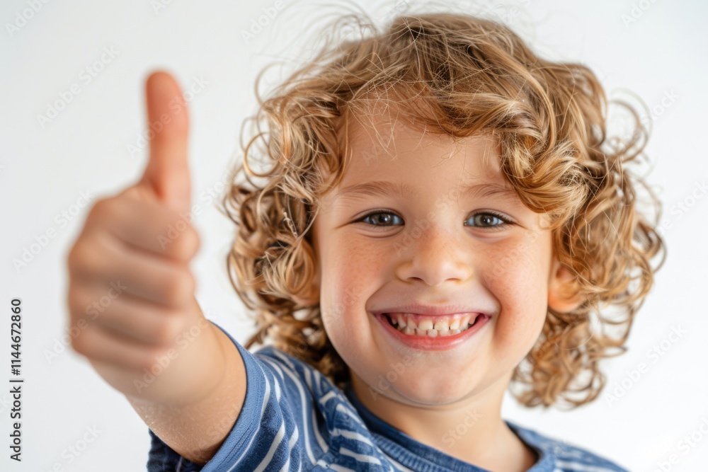 Joyful Young Boy with Curly Hair Giving Thumbs Up Gesture Against Bright Background Showcasing Happiness and Positivity in Portrait Photography Joyful Young Boy with Curly Hair Giving Thumbs Up Gesture Against Bright Background Showcasing Happiness and Positivity in Portrait Photography