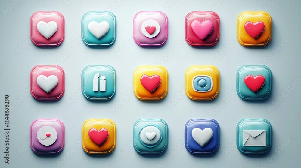 Set of digital icons symbolizing engagement, with hearts, likes, and messages. Set of digital icons symbolizing engagement, with hearts, likes, and messages.