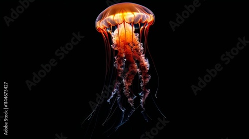 Illuminated box jellyfish on a deep black background, showcasing its unique shape and tentacles photo