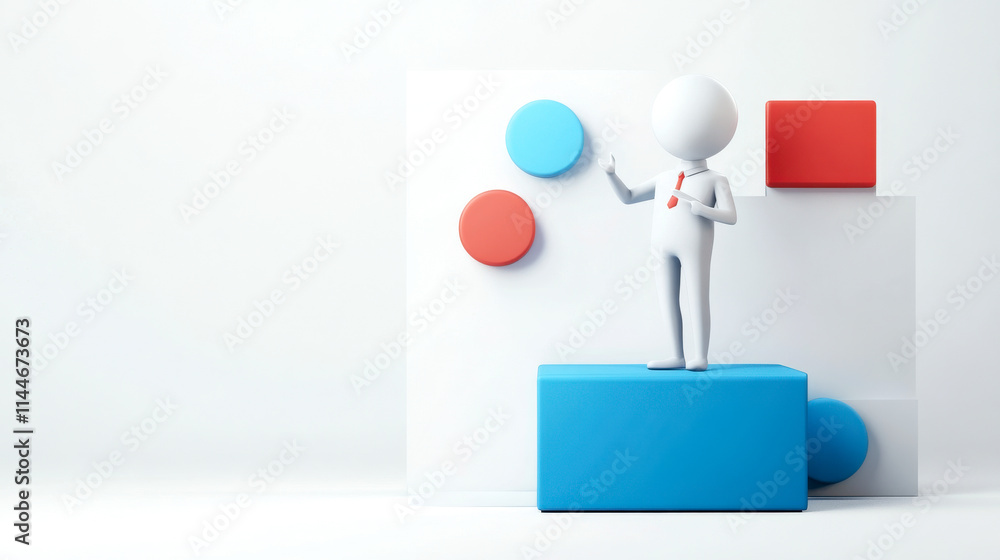 A 3D figure in a suit stands on a blue block, gesturing, with colorful geometric shapes in the background. A 3D figure in a suit stands on a blue block, gesturing, with colorful geometric shapes in the background.