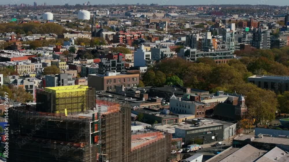 Aerial views capture Williamsburg, Brooklyn, new york, showcasing modern architecture including One Domino Square luxury residences Aerial views capture Williamsburg, Brooklyn, new york, showcasing modern architecture including One Domino Square luxury residences