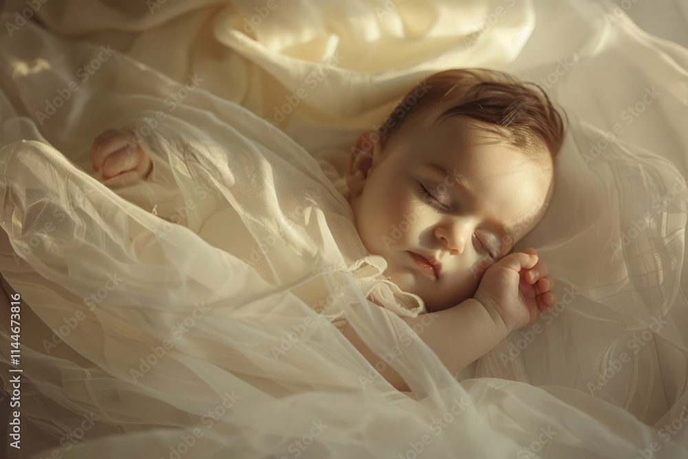 Serene Baby Sleeping Wrapped in Soft Cream Fabric, Emphasizing the Beauty and Purity of New Life, Capturing a Moment of Peaceful Slumber Serene Baby Sleeping Wrapped in Soft Cream Fabric, Emphasizing the Beauty and Purity of New Life, Capturing a Moment of Peaceful Slumber