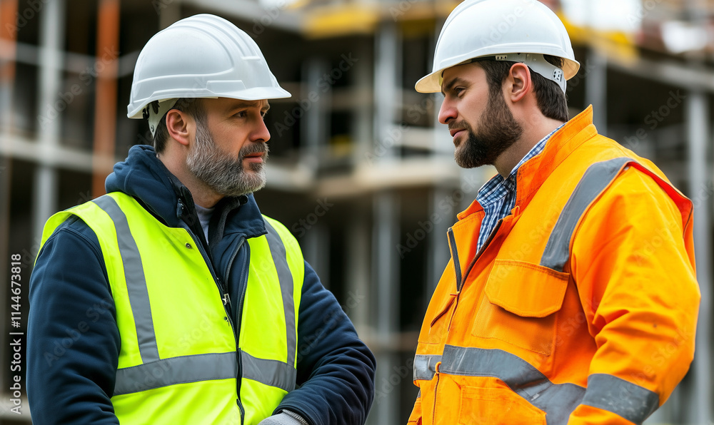 Two engineers work on a construction site, industrial card, generated ai Two engineers work on a construction site, industrial card, generated ai