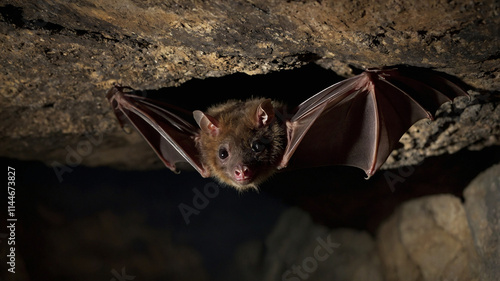 A bat hanging upside down in a dark cave