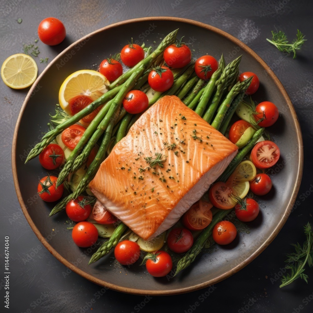 Golden-baked salmon with vibrant asparagus & tomatoes garnish , appetizing, herbs, still life Golden-baked salmon with vibrant asparagus & tomatoes garnish , appetizing, herbs, still life