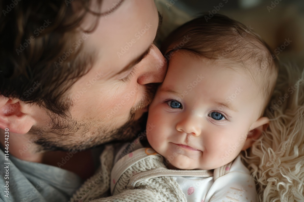 Tender Moment Between Father and Baby: A Close-Up of a Loving Embrace with Joyful Expressions and Soft Textures in a Cozy Setting Tender Moment Between Father and Baby: A Close-Up of a Loving Embrace with Joyful Expressions and Soft Textures in a Cozy Setting