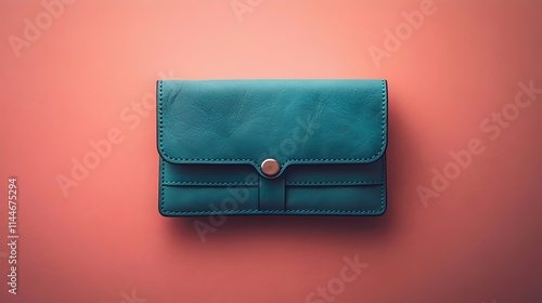 A blue purse is sitting on a red background