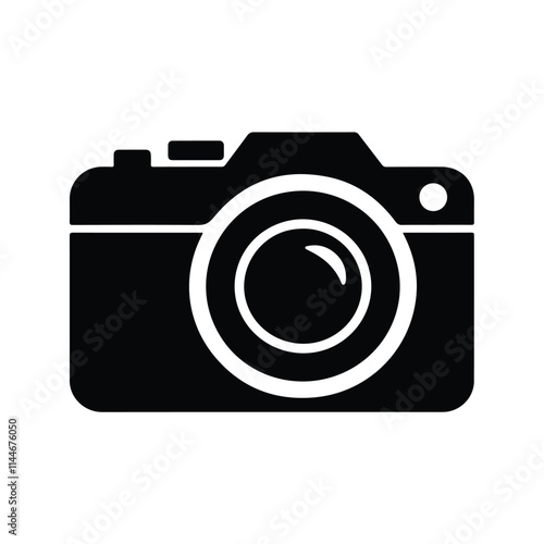 A clean, minimalist black silhouette of a camera.. Simple Black Silhouette of a Camera. 