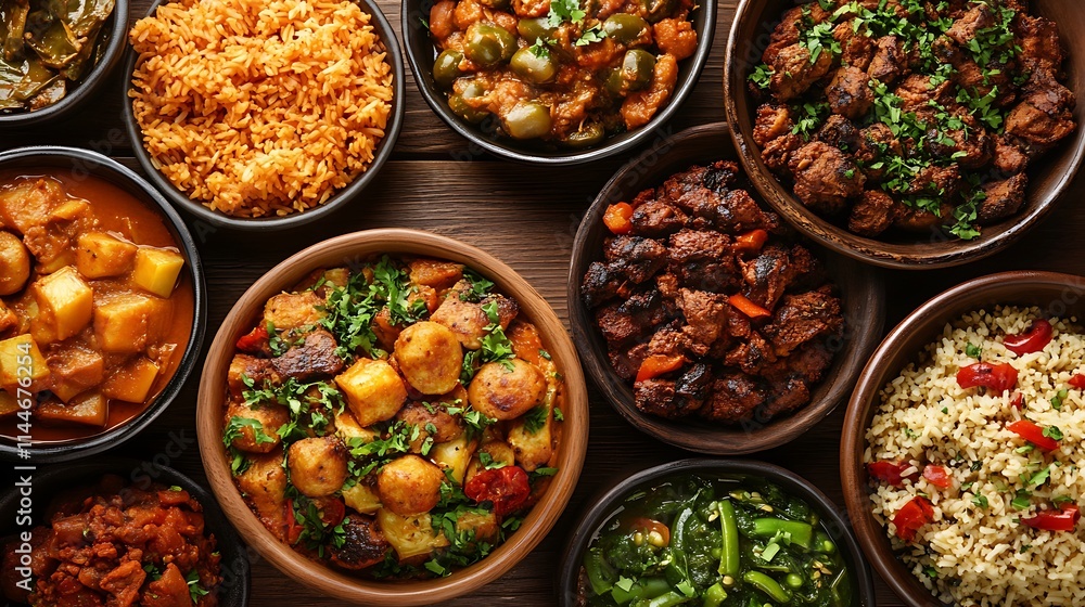 Various flavorful dishes closely arranged on wooden table top photo. AI Generated Various flavorful dishes closely arranged on wooden table top photo. AI Generated