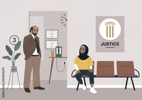 A woman wearing a hijab sits on a bench in a modern legal office while a man in a suit stands nearby, highlighting an atmosphere of professionalism and support in a justice-related setting