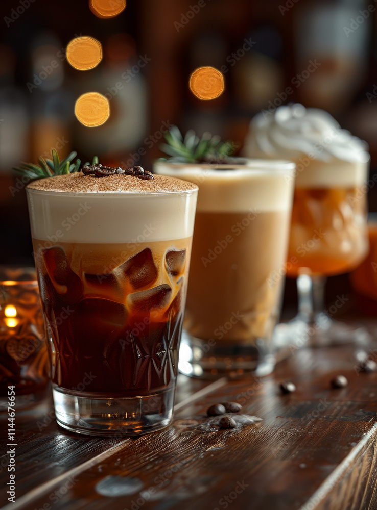 Three glasses of coffee with whipped cream on a wooden table. The coffee is served in different glasses, with one being a tall glass and the other two being shorter Three glasses of coffee with whipped cream on a wooden table. The coffee is served in different glasses, with one being a tall glass and the other two being shorter