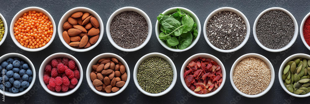 A variety of colorful bowls displayed in a row, filled with healthy nuts, seeds, berries, and spices, representing a diverse and nutritious selection of ingredients. A variety of colorful bowls displayed in a row, filled with healthy nuts, seeds, berries, and spices, representing a diverse and nutritious selection of ingredients.
