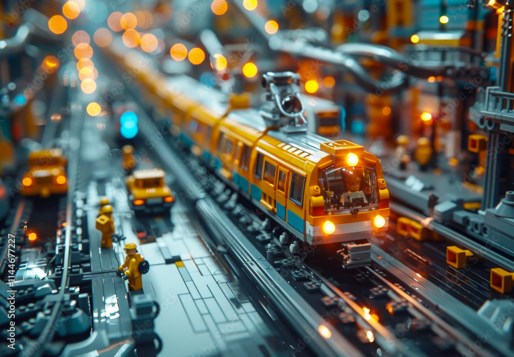 A train is on a track with a city in the background. The train is yellow and has a person inside